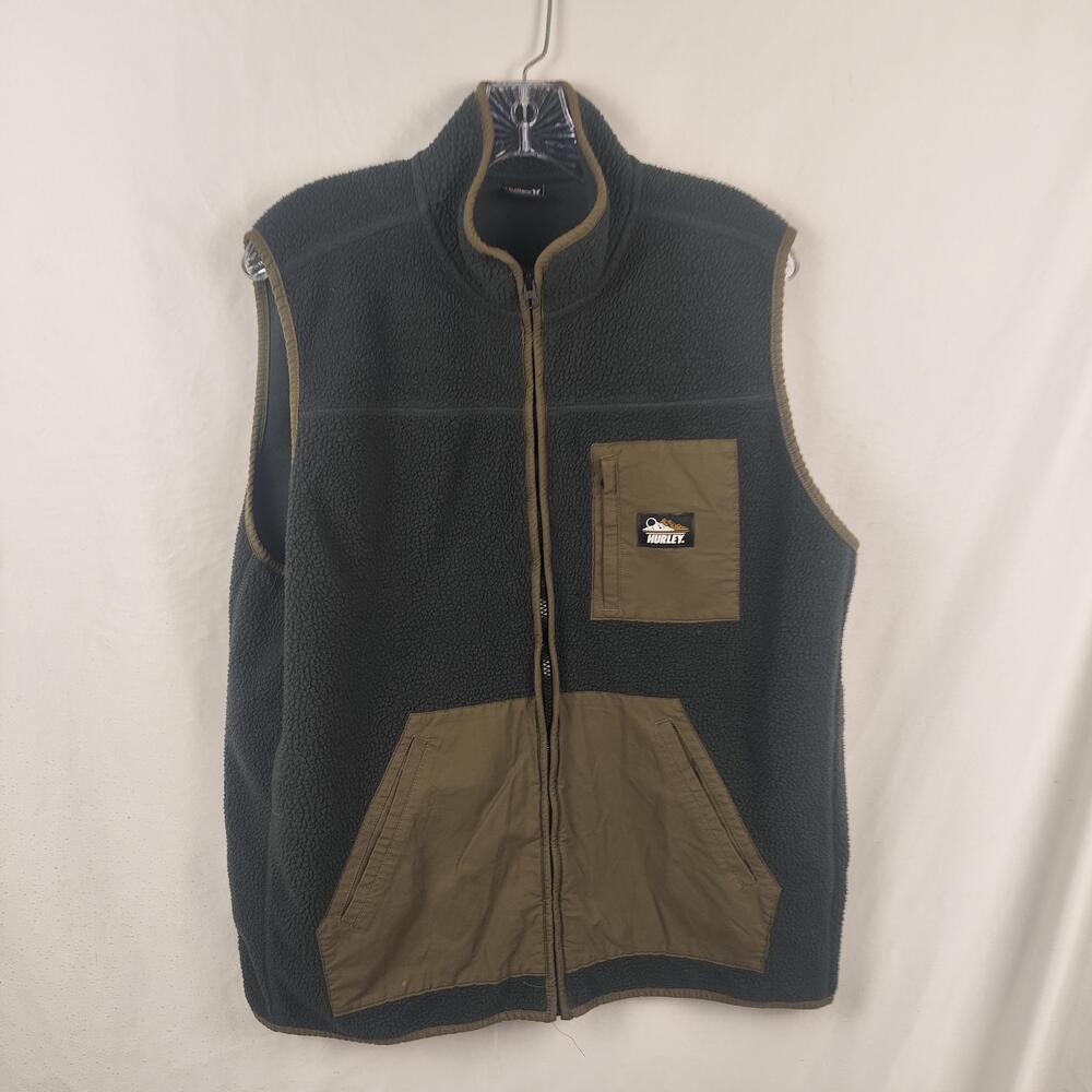 Hurley Vest Mens Medium Green Fleece Full Zip Utility Pockets Stand Collar